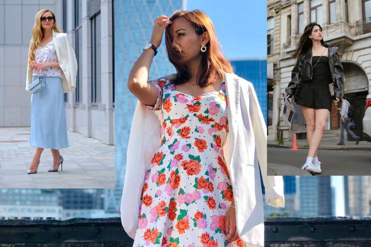 Tre ragazze con vestiti estivi, blazer e giacchetto di pelle