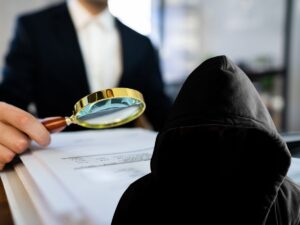 sfondo uomo con lente inquadra documenti e persona incappucciata in primo piano