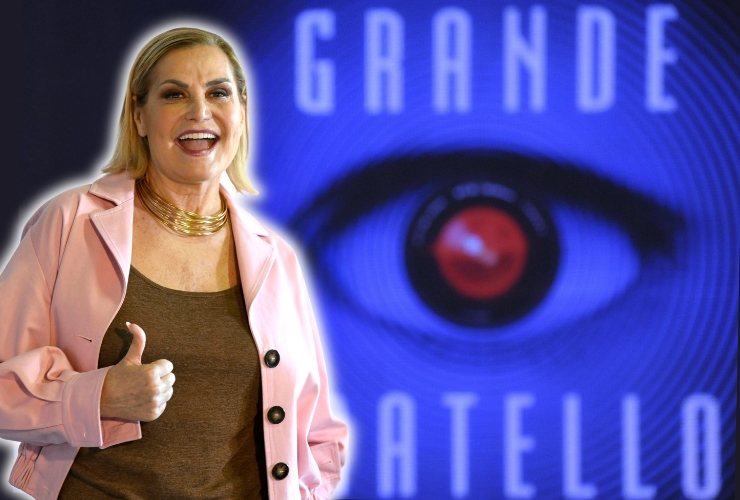 Simona Ventura che fa segno ok su sfondo Grande Fratello