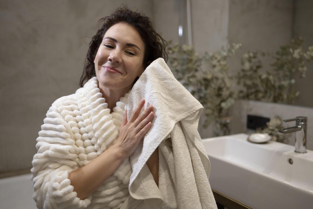 Donna che si asciuga i capelli dopo la doccia