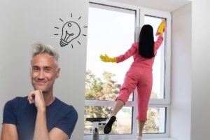Professor schettini e donna che pulisce i vetri di casa