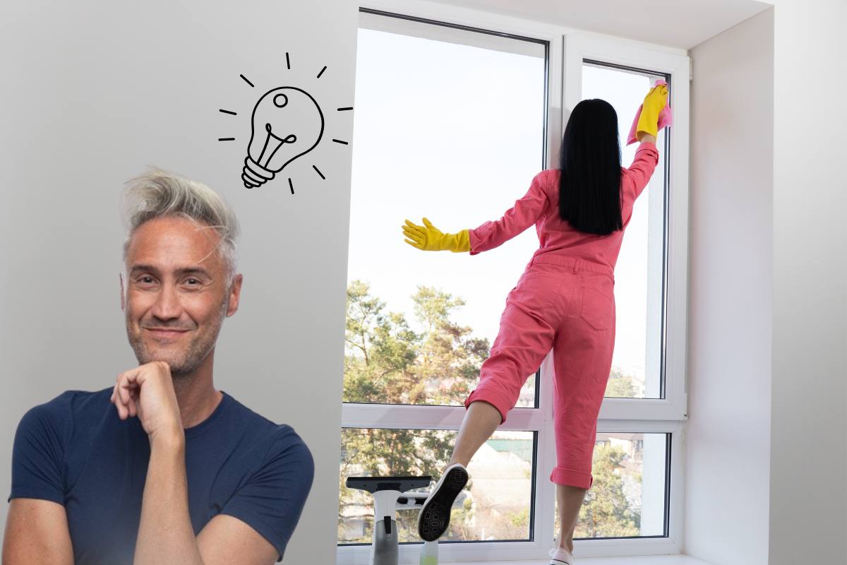 Professor schettini e donna che pulisce i vetri di casa