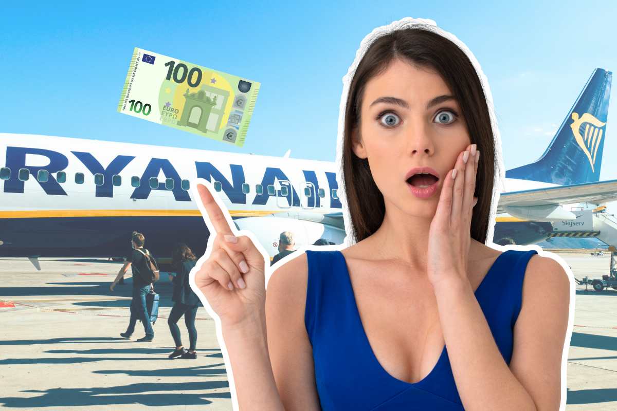 donna stupita aereo ryanair e banconota 100 euro